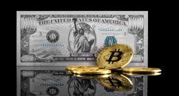 BTC bitcoin na frente de nota de dólar de 1 milhão