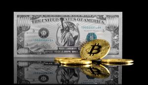 BTC bitcoin na frente de nota de dólar de 1 milhão