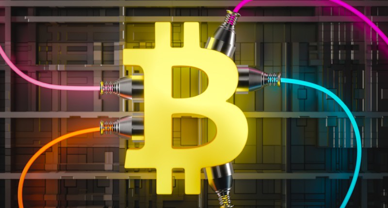 Ilustração B de bitcoin ligado a vários pontos de energia