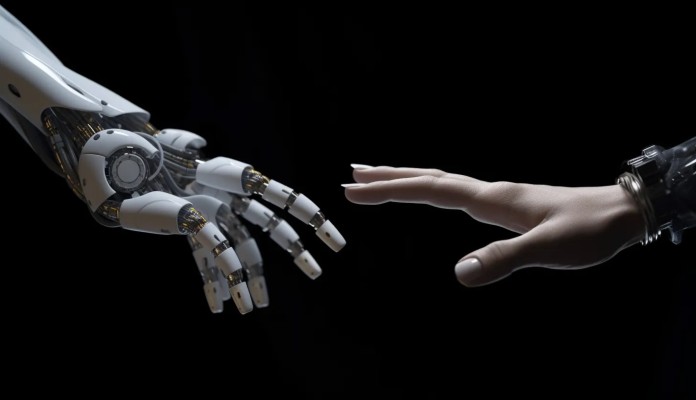 Ilustração feita por IA de Mão humana e mão robótica se aproximando