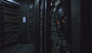 Imagem robótica surge em sala escura de informática