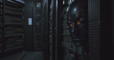 Imagem robótica surge em sala escura de informática