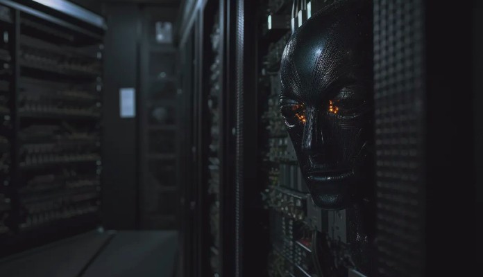 Imagem robótica surge em sala escura de informática