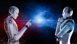 Conceito de confronto de tecnologia com confronto de ciborgue de renderização 3d no lado vermelho e azul