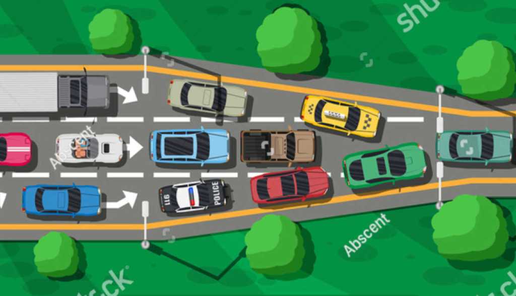 Estradas rodoviárias com muitos veículos diferentes no engarrafamento. Estreitamento ou gargalo na vista superior da estrada. Mapa de carros. Transporte Urbano. Regulamentos de Trânsito. Regras de Estrada. Ilustração vetorial em estilo simples