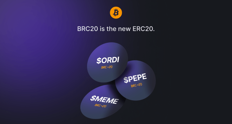 Imagem com texto: "Tokens BRC-20 São os novos ERC-20", ilustrando os tokens ORDI, PEPE e MEME.