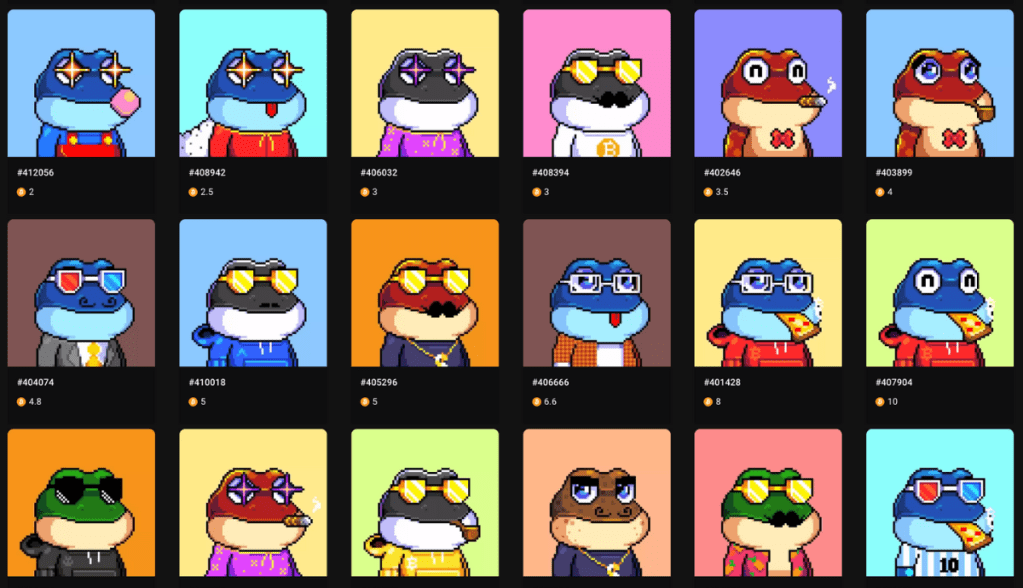 Alguns NFTs da coleção Bitcoin Frogs construída com os Ordinals na Lightning Network