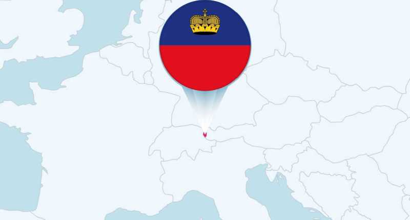 Europa com mapa de Liechtenstein selecionado e ícone de bandeira de Liechtenstein. Mapa vetorial e bandeira.