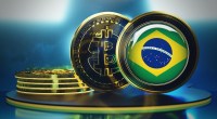 Ilustração de bandeira do Brasil dentro moeda de Bitcoin