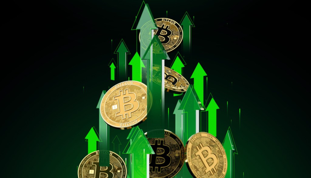graficos verdes envolto a moedas de bitcoin subindo