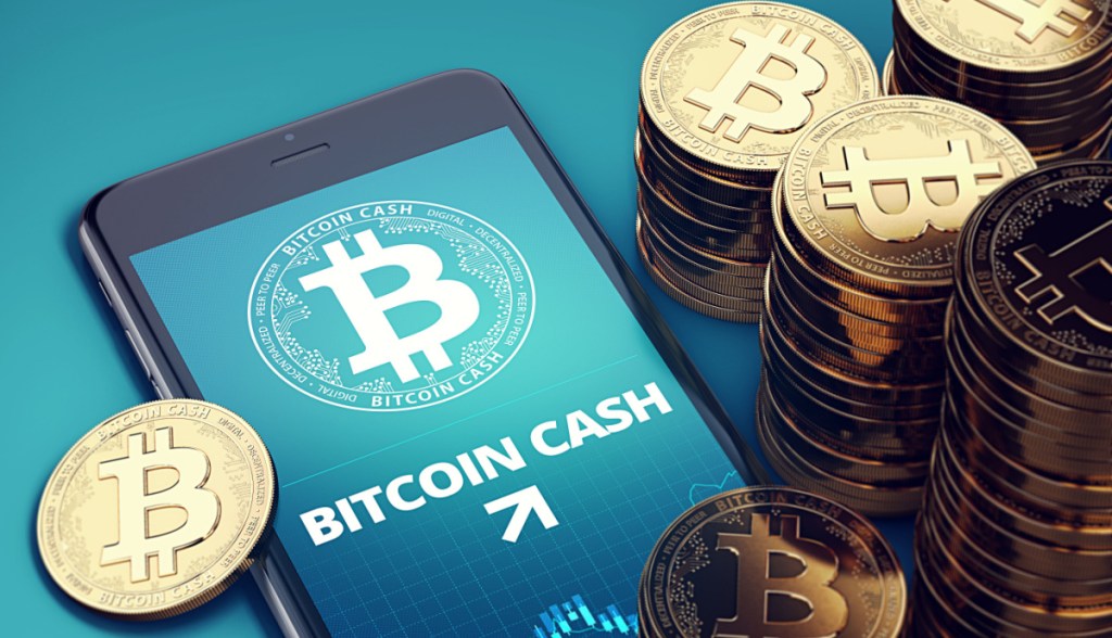 Moedas do Bitcoin Cash (BCH) ao lado de um celular com o logo do projeto