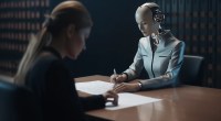 Imagem criada po AI sugere reunião entre humana e robô em uma mesa de escritório