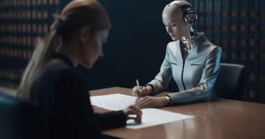 Imagem criada po AI sugere reunião entre humana e robô em uma mesa de escritório