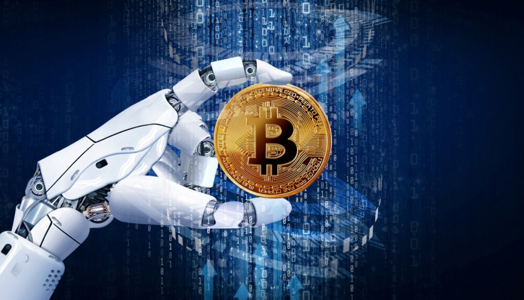 Ilustração mostra mãos robótica segurando moeda de Bitcoin