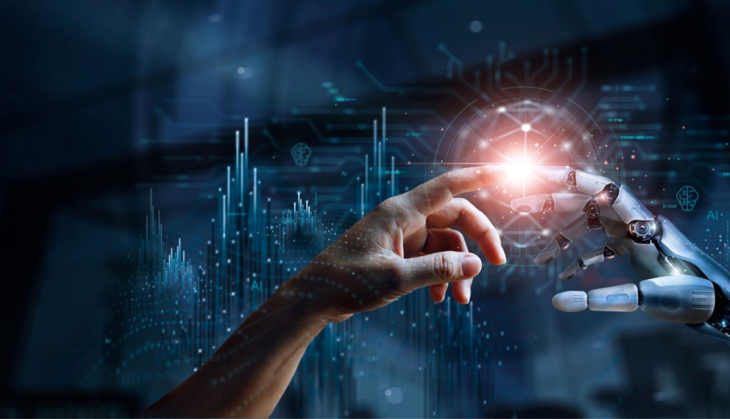 Mãos humanas e robótica tocam as pontas dos dedos