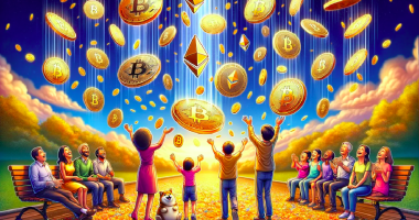 Ilustração de pessoas levantando as mãos para uma chuva de tokens - Imagem gerada por IA pelo site Decrypt