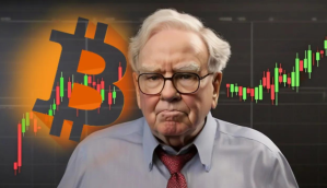 ilustração do Warren Buffett com gráfico do bitcoin ao fundo