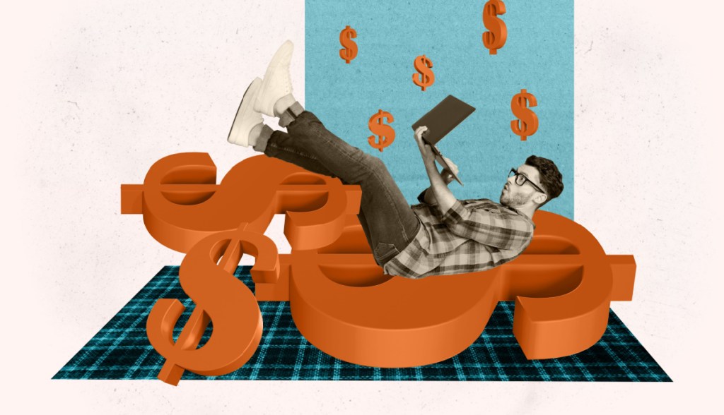 ilustração de homem surpreso e feliz com computador e simbolos de dinheiro