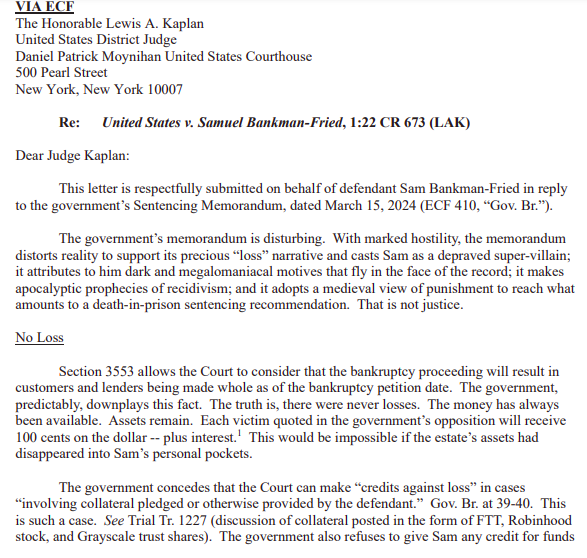 Trecho da carta dos advogados de SBF (Fonte: Courtlistener)