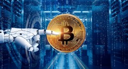 Moeda de Bitcoin no centro de dados IA