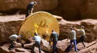 homens em miniaturas lidando com moeda gigante de bitcoin