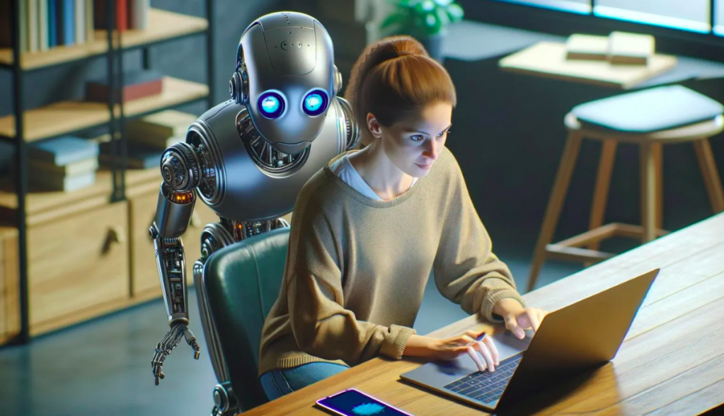 Arte de robô observando por trás usuária de computador