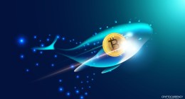 Ilustração de baleia nadando com moeda de bitcoin em seu interior