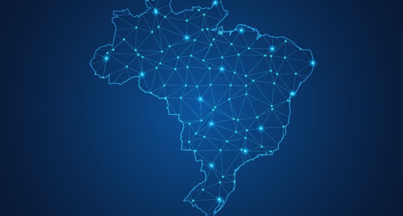Ilustração mostra mapa do Brasil com pontos ligados em blockchain