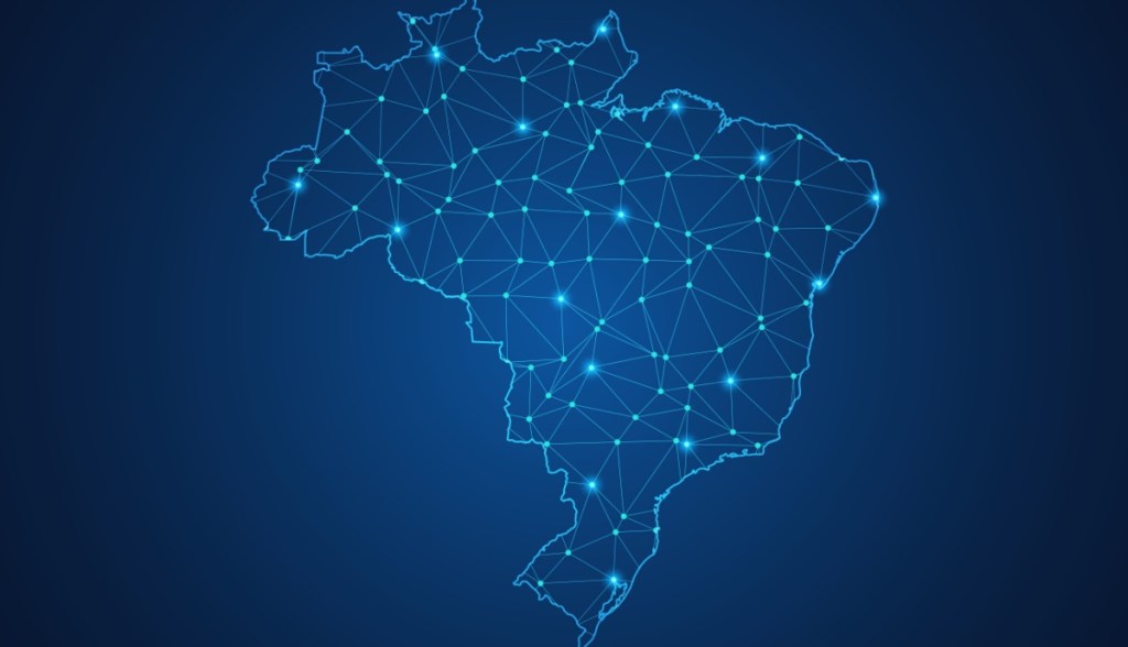 Ilustração mostra mapa do Brasil com pontos ligados em blockchain