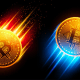 Ilustração mostra moedas de Bitcoin, uma subindo outra caindo