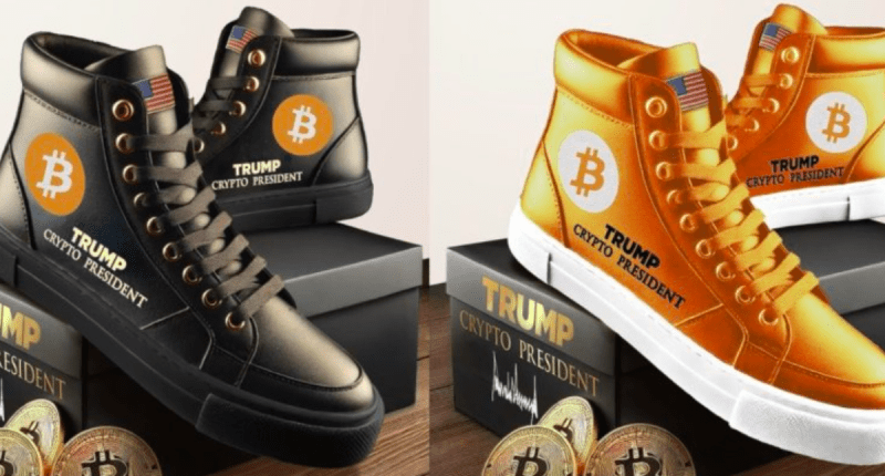 Tẽnis da coleção Trump Sneakers com logo do Bitcoin