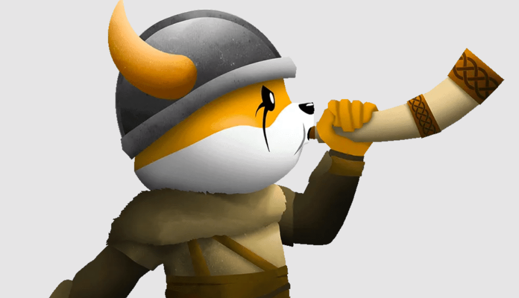 Mascote da memecoin Floki tocando berrante