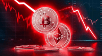 bitcoin e thereum com fundo vermelho, queda