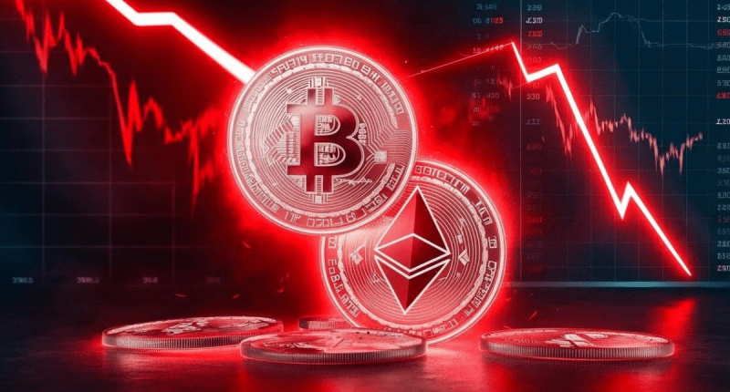 bitcoin e thereum com fundo vermelho, queda