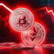 bitcoin e thereum com fundo vermelho, queda