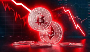 bitcoin e thereum com fundo vermelho, queda