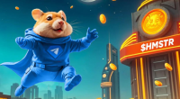 Ilustração do mascote do jogo Hamster Kombat do Telegram pulando entre moedas