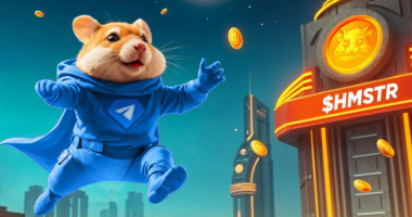 Ilustração do mascote do jogo Hamster Kombat do Telegram pulando entre moedas