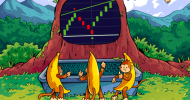 Ilustração de macacos vestidos de bananas operando trading