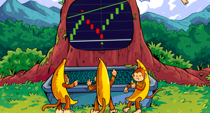 Ilustração de macacos vestidos de bananas operando trading