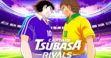 Ilustração do jogo telegram Capa Captain Tsubasa mostra dois jogadores frente a frente