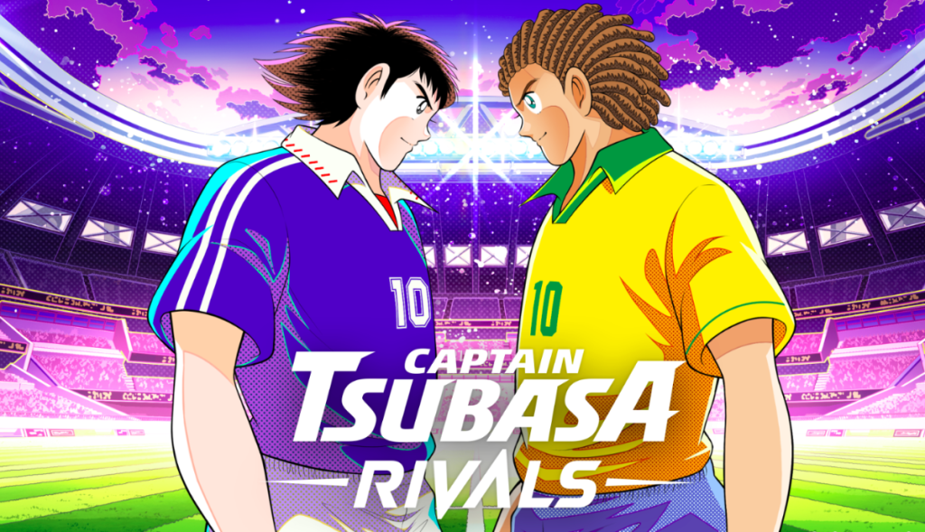 Ilustração do jogo telegram Capa Captain Tsubasa mostra dois jogadores frente a frente