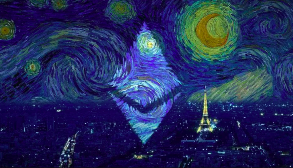 Logomarca do Ethereum em meio a ilustrações azuis que sugerem obras de arte