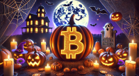 Ilustração mostra ambinente envolvido pelos símbolos de Bitcoin e Halloween