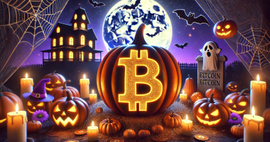 Ilustração mostra ambinente envolvido pelos símbolos de Bitcoin e Halloween