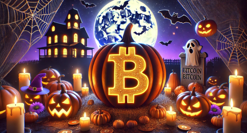 Ilustração mostra ambinente envolvido pelos símbolos de Bitcoin e Halloween