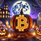 Ilustração mostra ambinente envolvido pelos símbolos de Bitcoin e Halloween