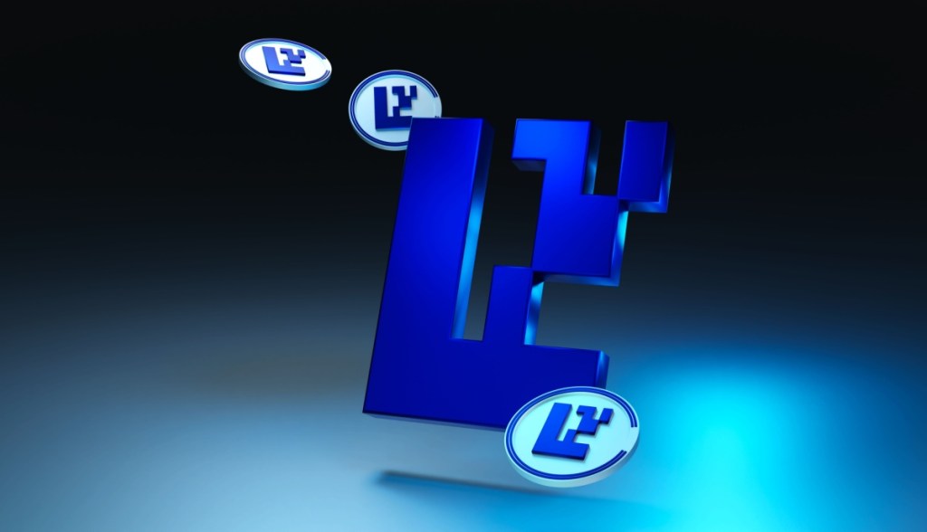 Logo do EigenLayer com moedas em fundo escuro