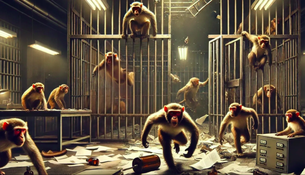 Imagem gerada por IA de mamacos fugindo