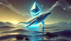 ilustração de uma baleia saltando no mar enquanto logo do Etheruem bilha ao fundo azul
